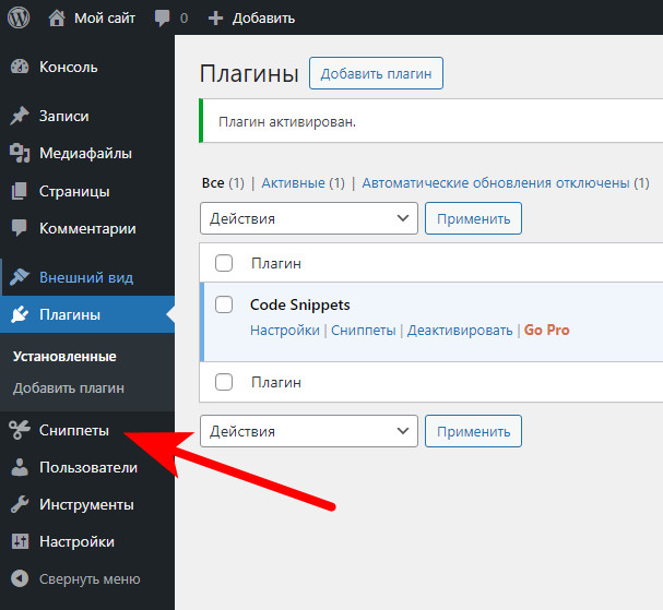 Перейдите в раздел Сниппеты