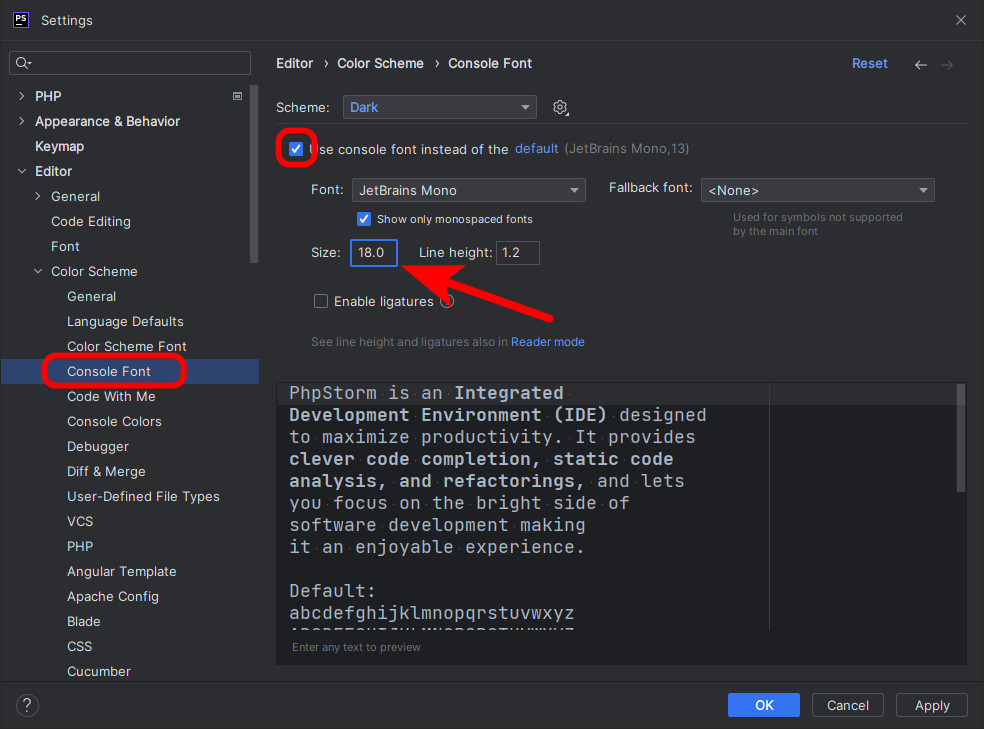 File > Settings > Editor > Color Scheme > Console Font