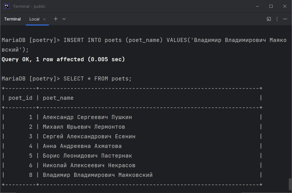 Основные команды при работе с СУБД MySQL или MariaDB 13 терминал