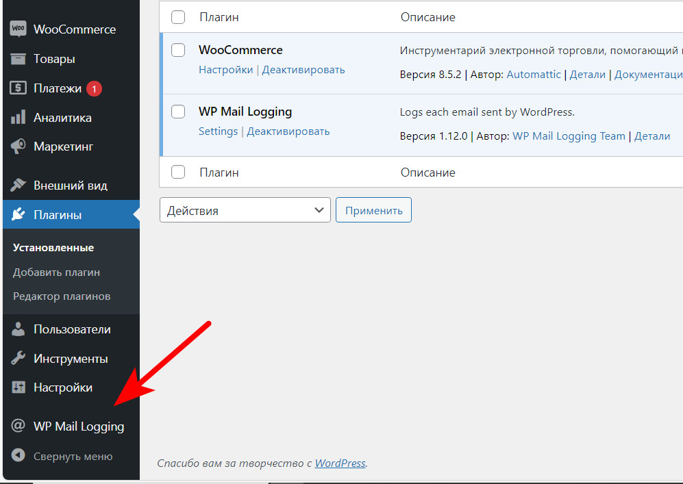 раздел плагина в меню