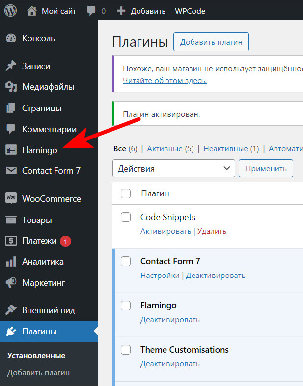 Как сохранять сообщения E-mail из форм плагина «Contact form 7» на сайте? 3 Раздел плагина в меню