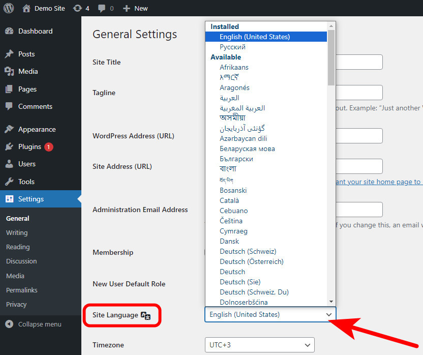 Как поменять язык на сайте WordPress? 3 выбор нужного языка